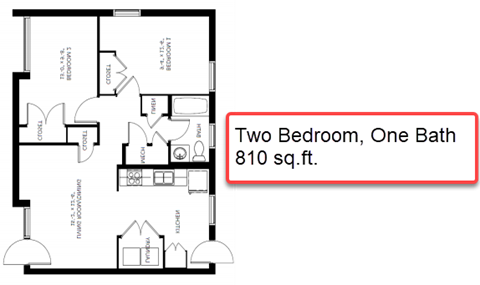 Floor plan for 2 beds, 1 bath